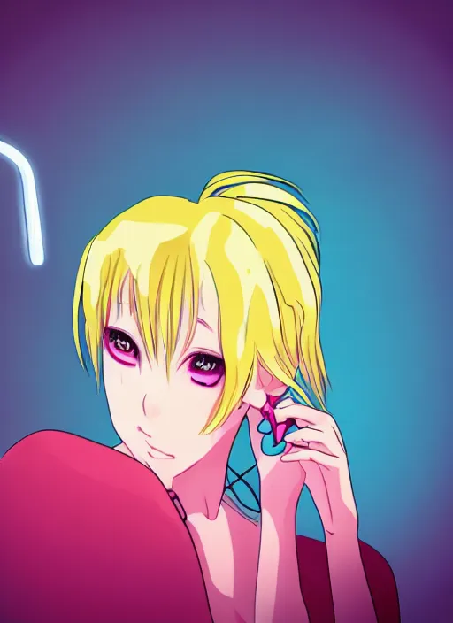 Image similar to anime girl with blonde hair laying on sofa, smoking, neon lights