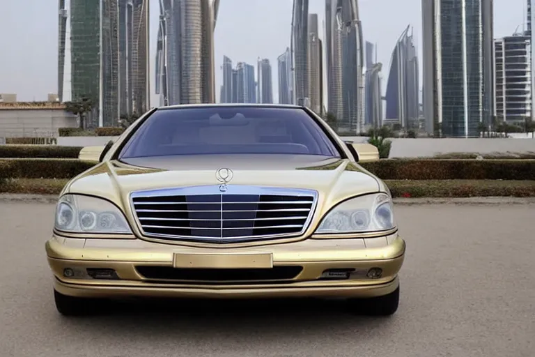 Image similar to gold Mercedes-Benz s500 long in the body 220 (w220) 2002 old year is on the roof of a high-rise building in abu dhabi