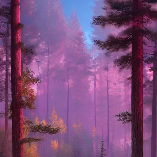 Image similar to solace hermatige cottage peaceful clouds beautiful woods trees pine, nice view, gradient of pink and blue, mystical realistic poster with shaded lighting by craig mallismo, artgerm, jeremy lipkin and michael garmash, unreal engine, radiant light, detailed and complex environment city utopia spirituality sacred geometry with implied lines