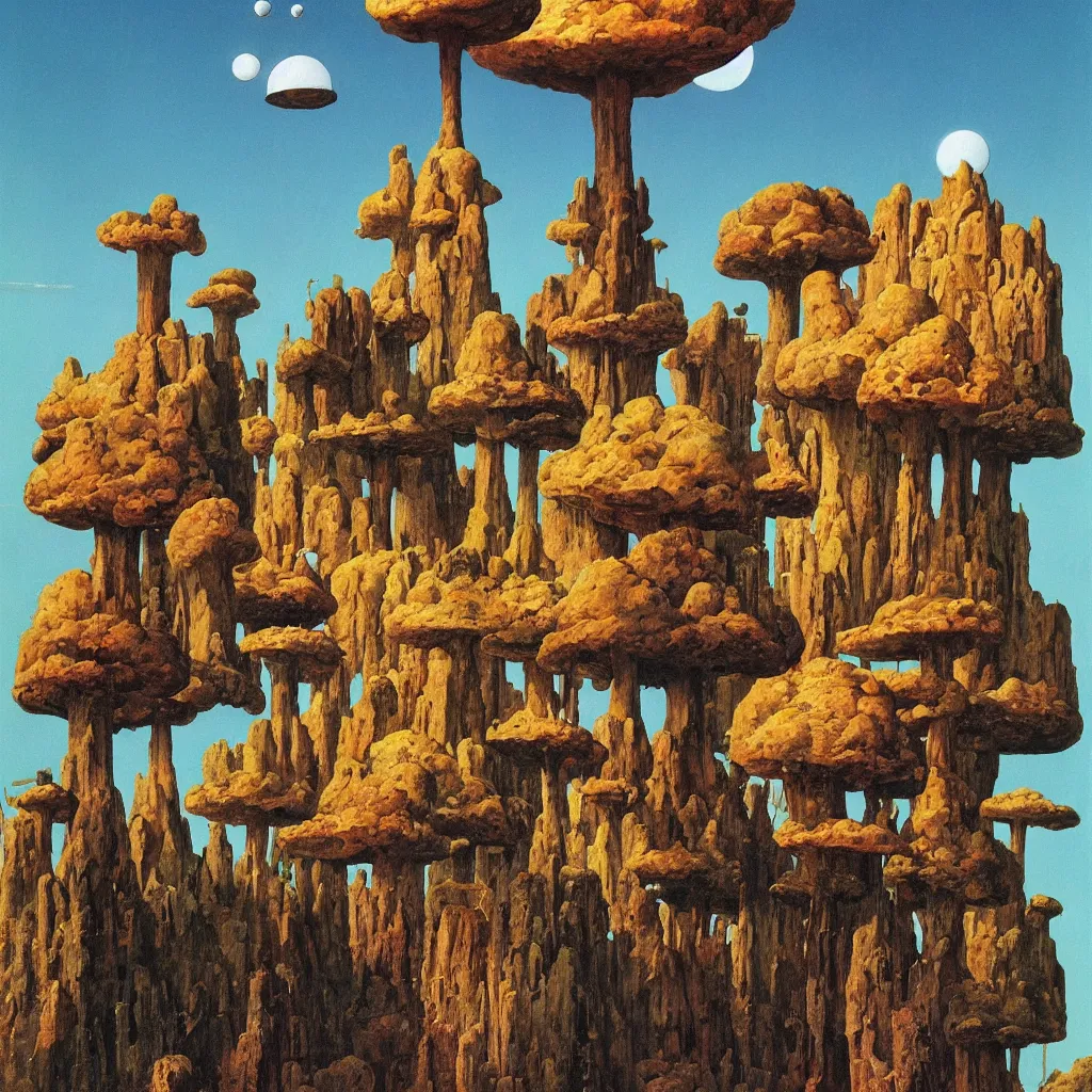 Image similar to a single! colorful!! fungus tower clear empty sky, a high contrast!! ultradetailed photorealistic painting by dean ellis, roger dean and giorgio de chirico, hard lighting, masterpiece