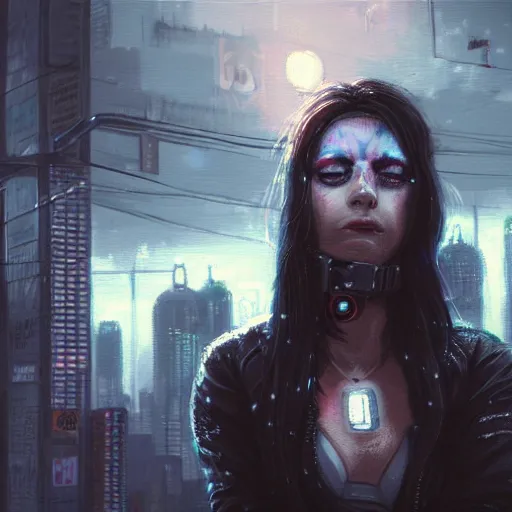 Image similar to molly millions, closeup portrait of a young beautiful cyberpunk woman, white eyes, black hair in a rough shag, sunset, neuromancer, street samurai, cyberpunk city background, megacity, gorgeous view, depth, painted by seb mckinnon, high detail, digital art, painted by greg rutkowski, trending on artstation