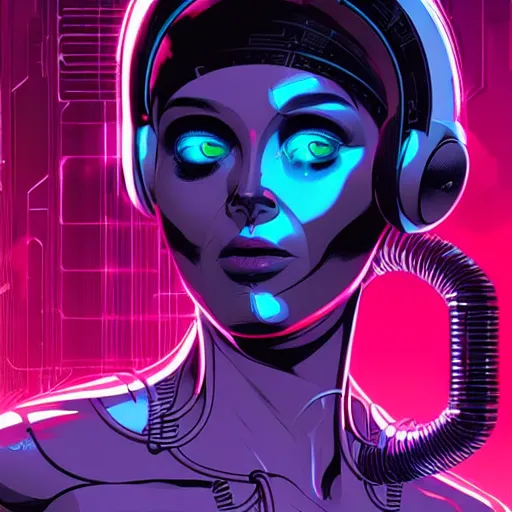 Prompt: a portrait of a beautiful cybernetic woman connected to a synthesizer from hell, wires, cyberpunk concept art by josan gonzales and jean claude meziere and syd mead