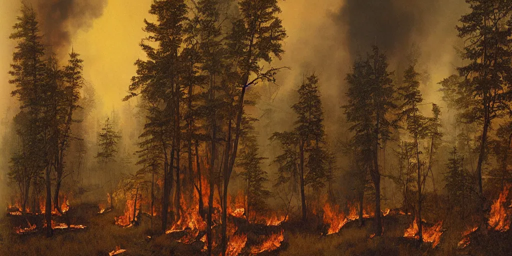 Image similar to smokey forest fire artwork by eugene von guerard