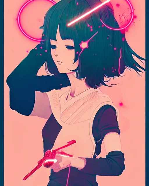 Image similar to girl holding flashbang, detailed manga illustration!! intricate details, beautiful perfect face, perfect body, aesthetically pleasing pastel colors, poster background, aesthetic details, art by conrad roset and ilya kuvshinov