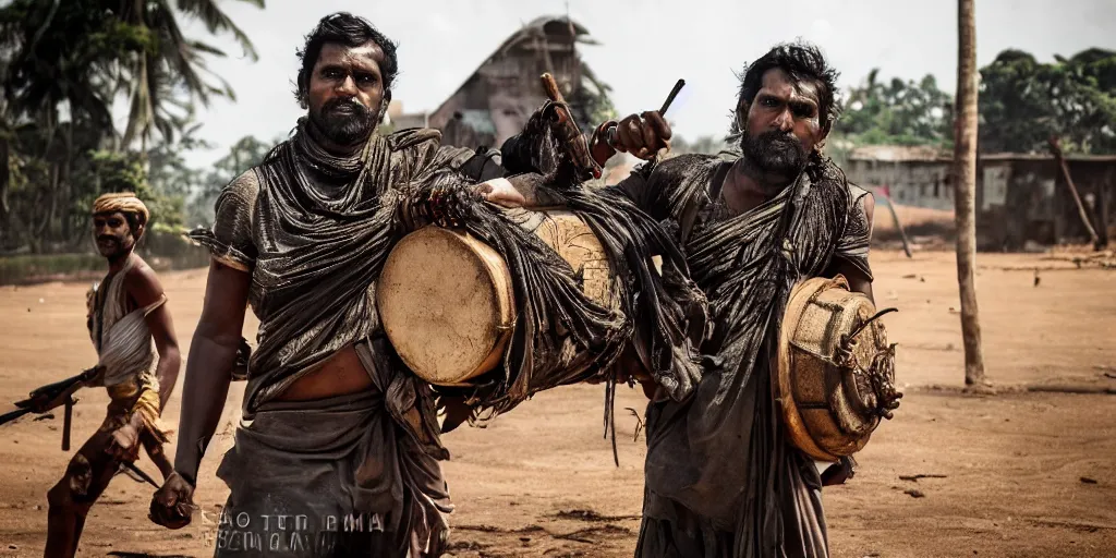 Prompt: sri lankan mad max style, traditional drum player, film still, epic shot cinematography, rule of thirds