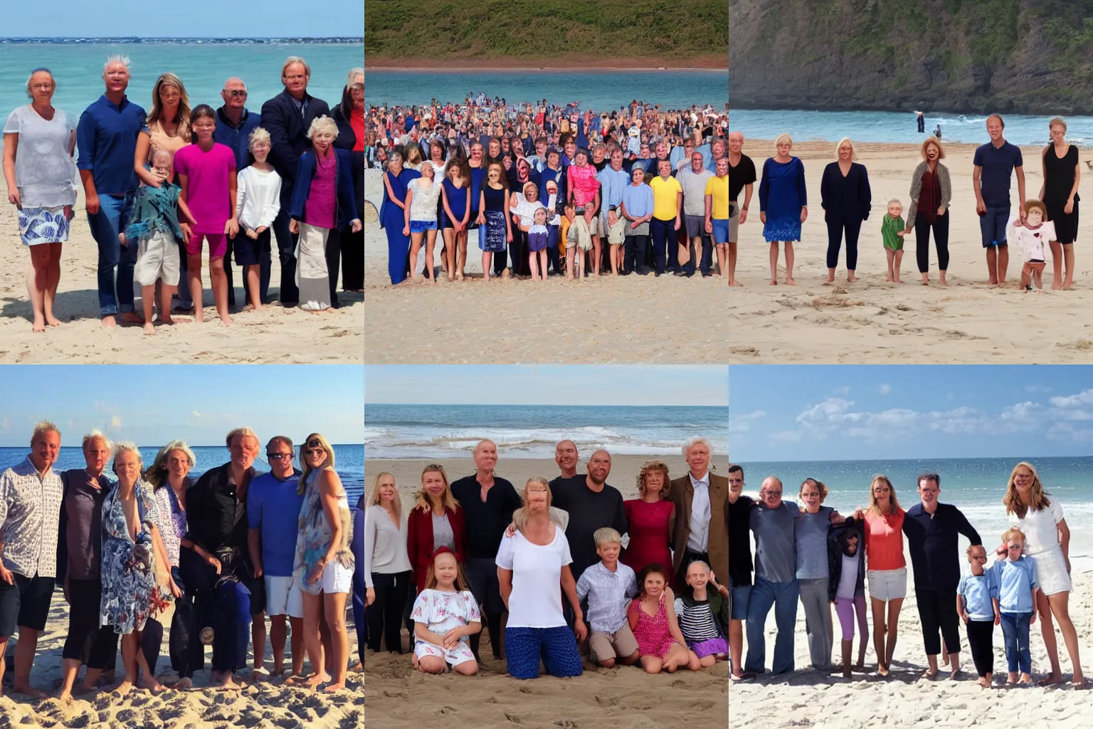 Prompt: family group photo on the beach where everyone has the face of Geert Wilders