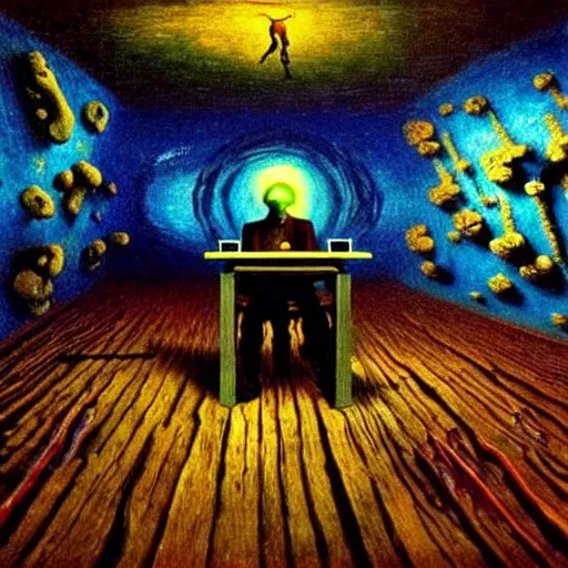 Prompt: A man programs A.I. on a laptop in a climbing gym - award-winning digital artwork by Salvador Dali, Beksiński, Van Gogh and Monet. Stunning lighting