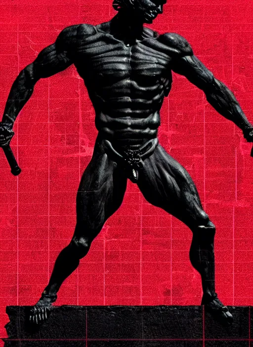 Image similar to black background, statue of hercules, ( ( ( skeleton ) ) ), grey, thin lines, dark, red grid, glitch art, neo vaporwave, gritty, movie poster, layout design, trending on artstation