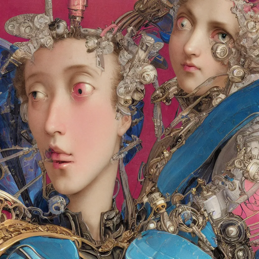 Prompt: a baroque neoclassicist close - up renaissance portrait of a blue and pink iridescent whimsical 1 8 0 0 s japanese mecha gundam butterfly witch. reflective detailed textures. glowing eyes, dark background. highly detailed fantasy science fiction painting by moebius, norman rockwell, frank frazetta, and syd mead. rich colors, high contrast. artstation