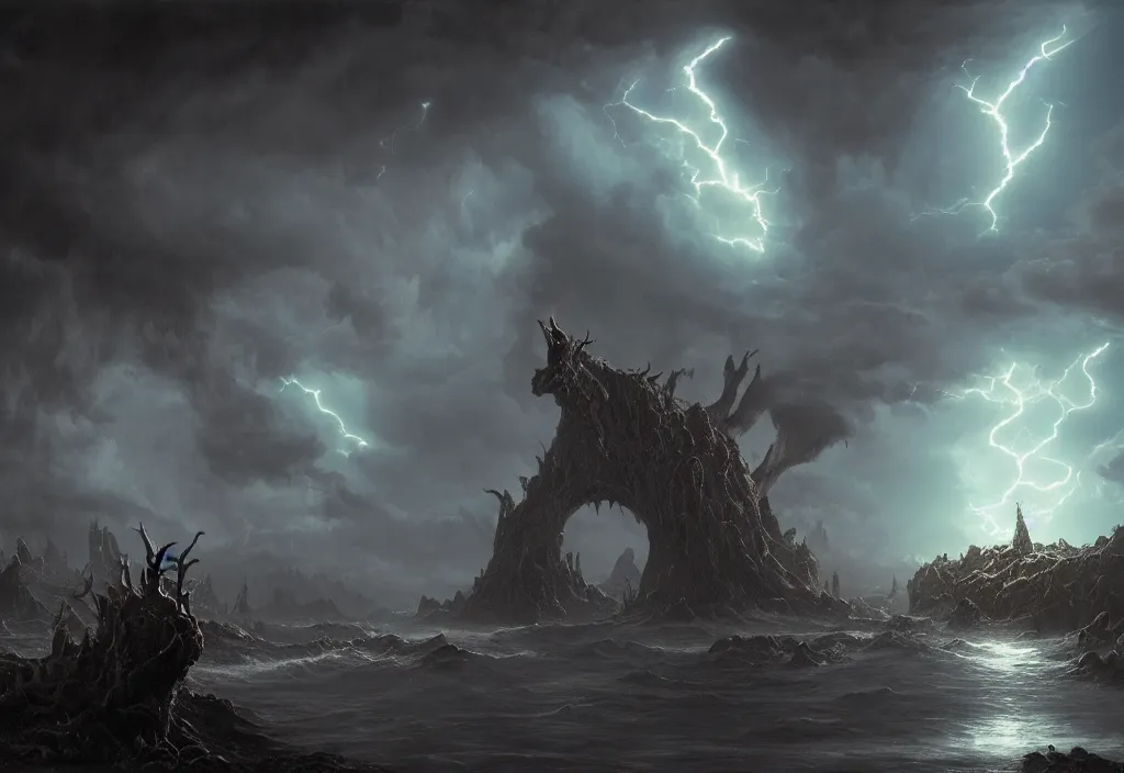 Prompt: thomas cole lovecraftian monster. dramatic concept art, 4k, octane render. Realistic, cinematic lightning