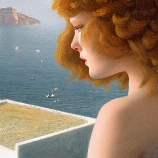 Image similar to Elle Fanning in Santorini, head and shoulders portrait, extremely detailed masterpiece, Roger Deakin’s cinematography, illustration, by Michael Sowa,