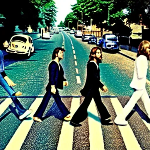 Image similar to alien walking in the street, abbey road album cover