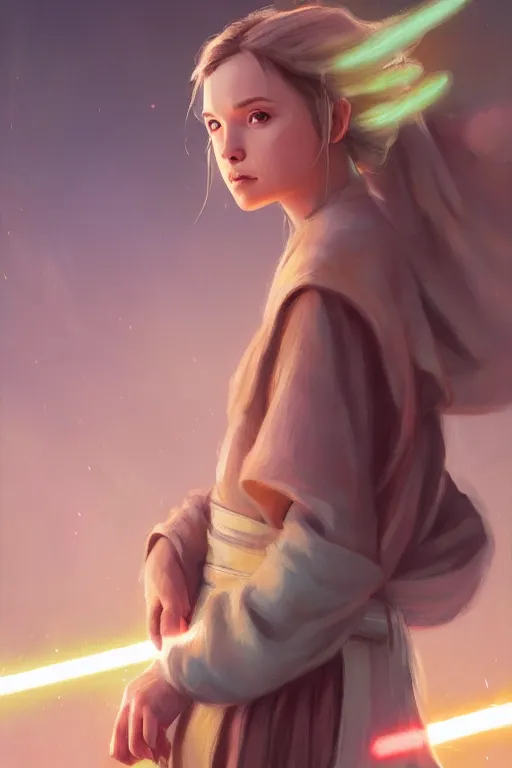 Prompt: a portrait of a cute young female jedi, star wars setting, vivid colors, soft lighting, atmospheric, cinematic, moody, in the style of artgerm and greg rutkowski, oil on canvas, 8 k