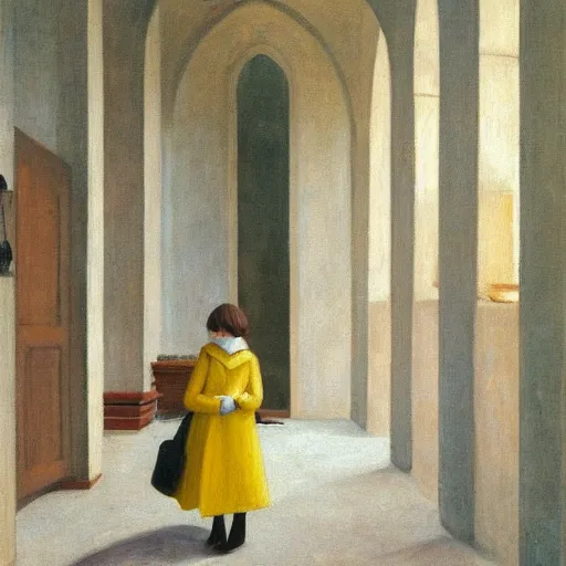 Image similar to in the distance, a little girl with short black hair and wearing a yellow coat alone in the inner courtyard of a cloister in an abbey, the light is bright and wintry, painting by hopper and de chirico