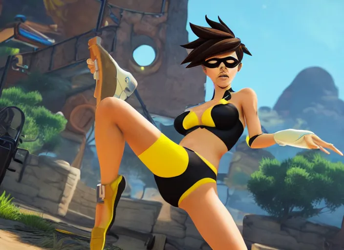 Image similar to tracer game character, in yellow bikini, blonde hair, black eyes, full height