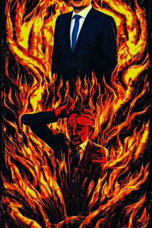 Prompt: president zelensky is in hell, art in the style of a poster for horror films in a cinema, detailed art in color