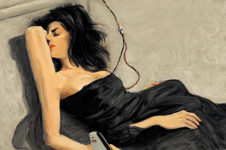 Prompt: Ground Level Shot, long shot of a beautiful dark haired woman wearing a black dress, laying on her back on a bed, holding old telephone handpeice with twisted cable by fabian perez