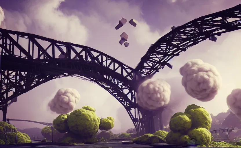 Image similar to huge explosions in the form of cotton plants destroy big harbour bridge, perspective, 3 d octane render, epic lighting, 8 k, by goro fujita