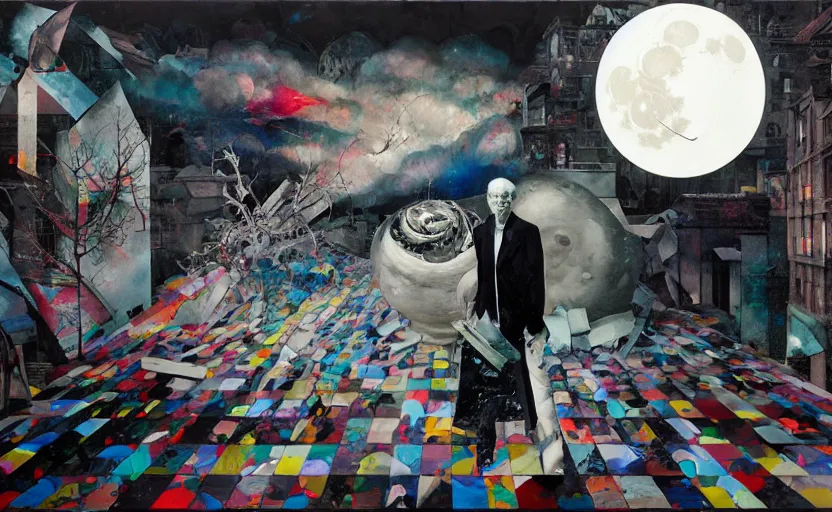 Image similar to decollage painting old white - headed man under the huge moon on a street of ruined city by adrian ghenie and takato yamamoto and edward hopper and mark ryden and tsutomu nihei, part by bridget riley, acrylic pour and splashing paint, very coherent, baroque elements, perfect anatomy, intricate design. pop art.