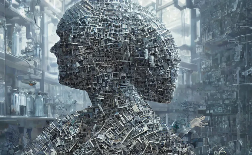 Prompt: a man made entirely of computers fused with his surroundings in a laboratory in the style of Greg rutkowski