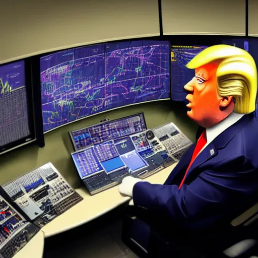 Prompt: Donald Trump as Homar Simpson sat at the controls of a Nuclear power plant control centre, screaming, angry, with his hands on the controls, 4k, high quality photograph