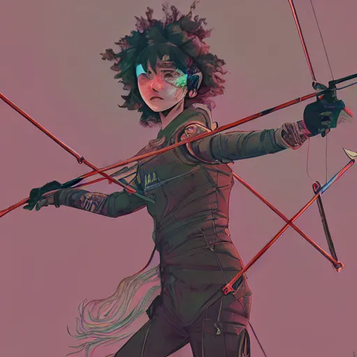 Image similar to close up, pose pointing with an arrow bow and screaming!!, a grungy cyberpunk anime, very cute, by super ss, curly pink hair, night sky by wlop, james jean, victo ngai, highly detailed