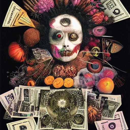 Image similar to post - punk new age album cover, asymmetrical design, dollar bank notes, capitalism, magic, apocalypse, psychedelic, black white pink, magic, giger h. r., giuseppe arcimboldo