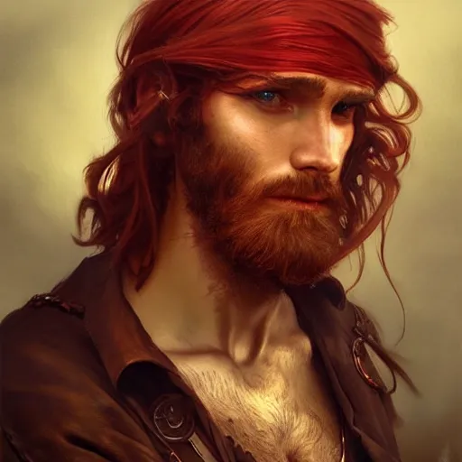 Image similar to portrait of a young ruggedly handsome pirate, male, masculine, upper body, red hair, long hair, d & d, fantasy, intricate, elegant, highly detailed, digital painting, artstation, concept art, matte, sharp focus, illustration, art by artgerm and greg rutkowski and alphonse mucha