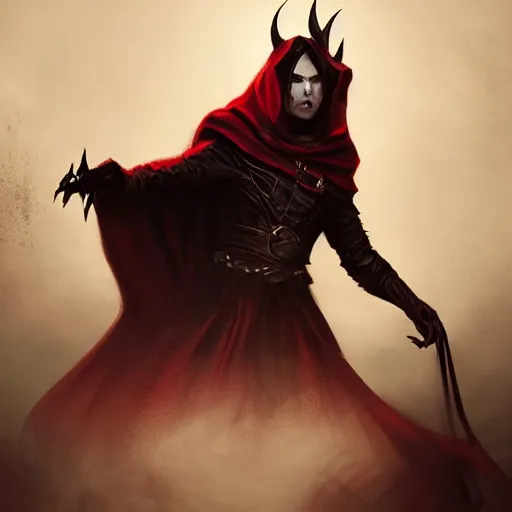 Image similar to A tiefling with red skin and gold eyes, wearing a black cloak, style of Greg Rutkowski, dungeons and dragons character art, artstation