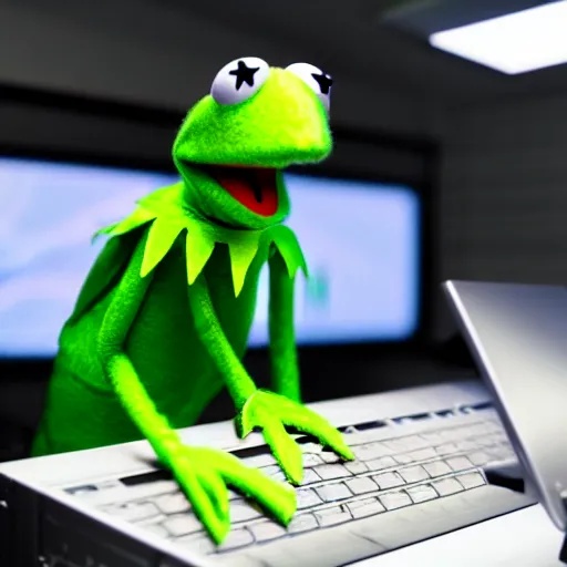 Image similar to Kermit the frog as a computer hacker, wearing a hoodie in a dim data center over a computer screen glowing, cyberpunk unreal 4k muppet digital art