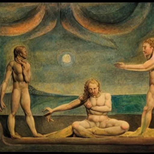 Image similar to real life version of the painting jacob's dream by william blake, live action filmed by wes anderson