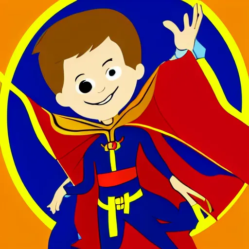 Prompt: dr. strange as a very young boy smiling on the cartoon wild - kratts, sticker - art, svg vector, adobe - illustrator