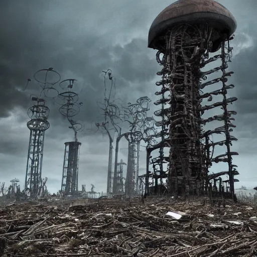 Image similar to giant evil bio-organic fleshy complex machine tower with tendrils and one eyeball at the top looking over a stormy post-apocalyptic wasteland, dystopian art