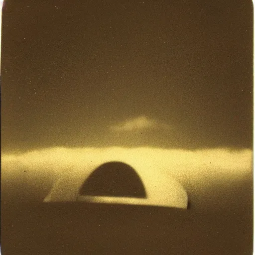 Image similar to old polaroid depicting a ufo, at a clearing, at dawn