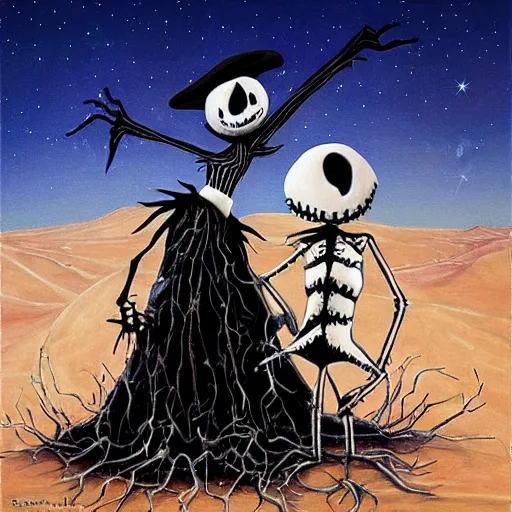 Prompt: “ a nightmare before christmas, jack skellington dances with sally, dystopian desert christmas, award winning, in the style of paul bonner, oil on canvas. ”