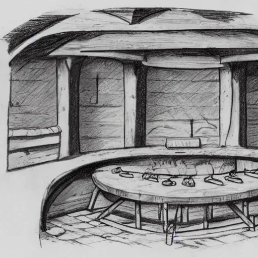 Image similar to Sketch of a medieval tavern with one floor, a counter, four round tables and a fireplace