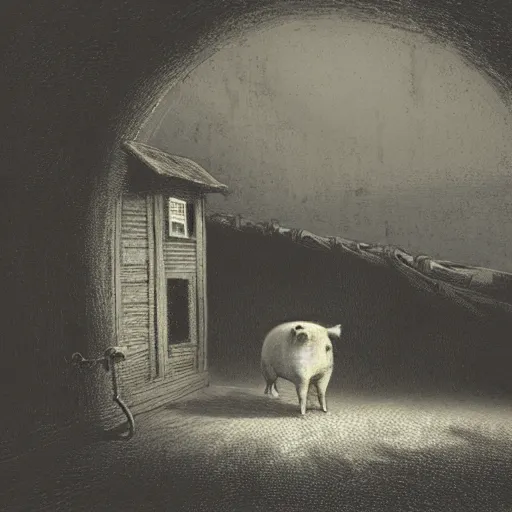 Prompt: pig in a tuxedo walk out of a barn, dramatic lighting, creepy, farm background, chiaroscuro, high detail, illustration by gustave dore