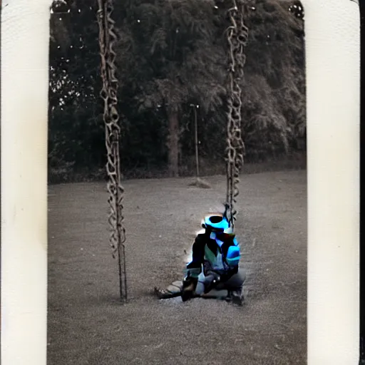 Prompt: 1 9 5 0 s polaroid photo of gorilla sitting on swing in playground,