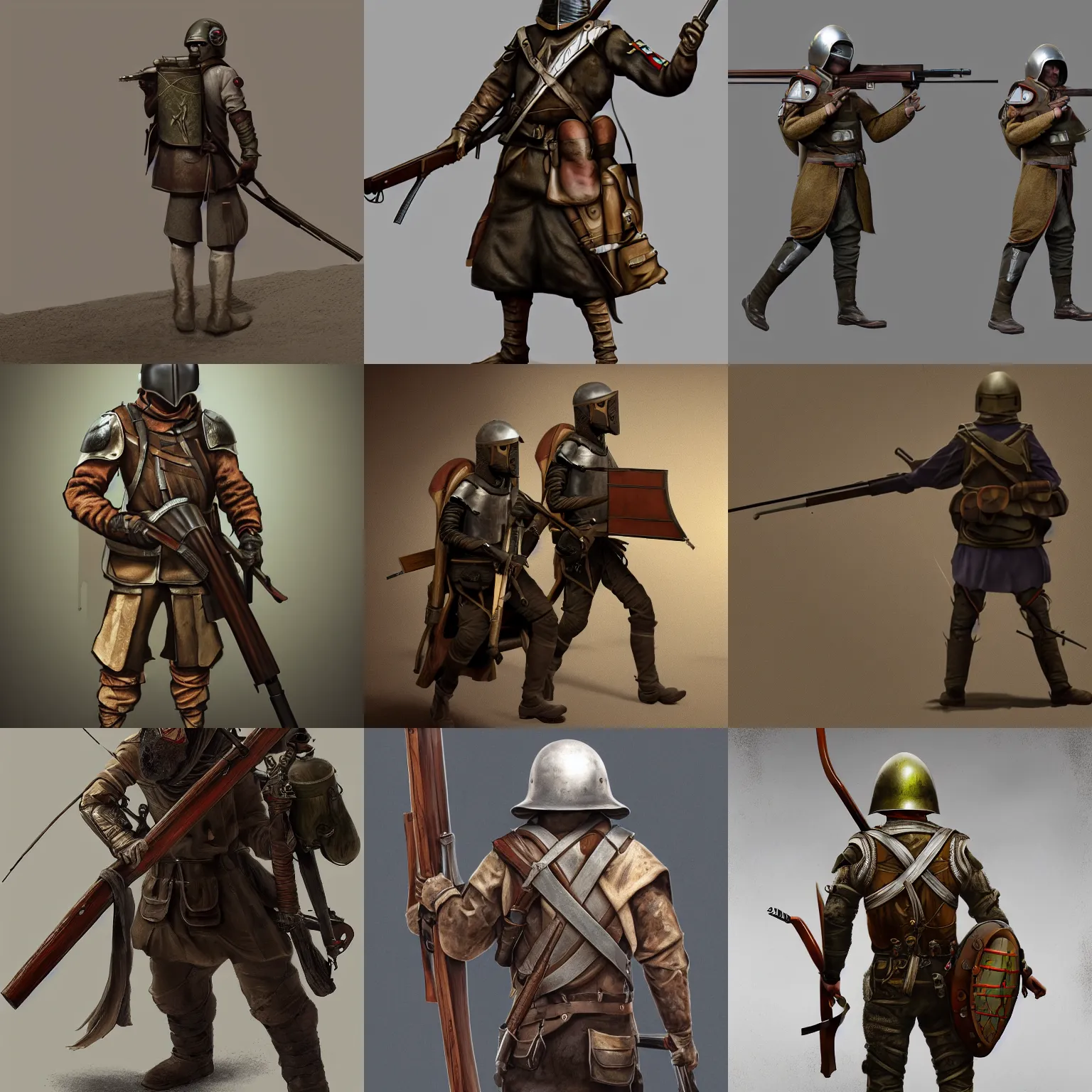 Prompt: sniper wearing medieval great helmet, carrying mosin on back, walking, concept art, octane render, digital art