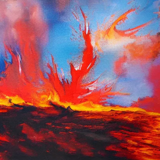 Prompt: landscape oil painting consisting of fire, earth, wind and water