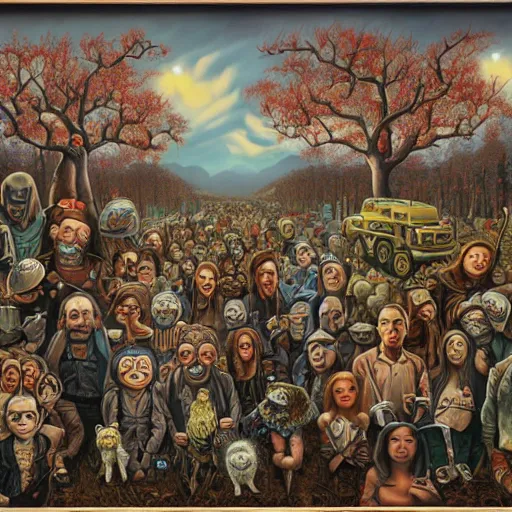 Image similar to post-apocalyptic survivors, painting by Mark Ryden and Alex Gross, Todd Schorr highly detailed