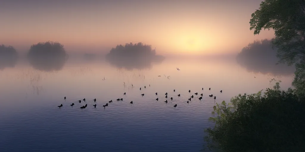 Prompt: geese swimming in a calm lake at sunrise matte painting, foggy, 4 k, trending on artstation