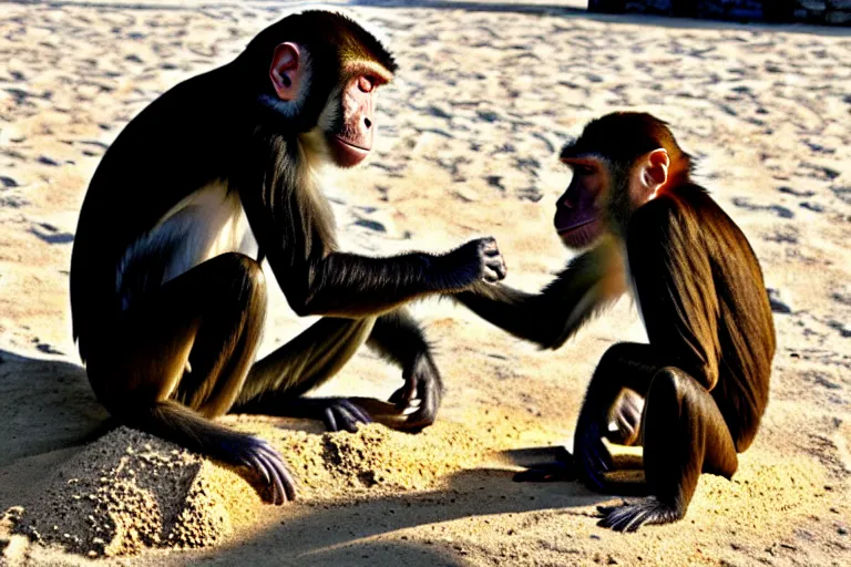 Image similar to a monkey touching a completed sand castle