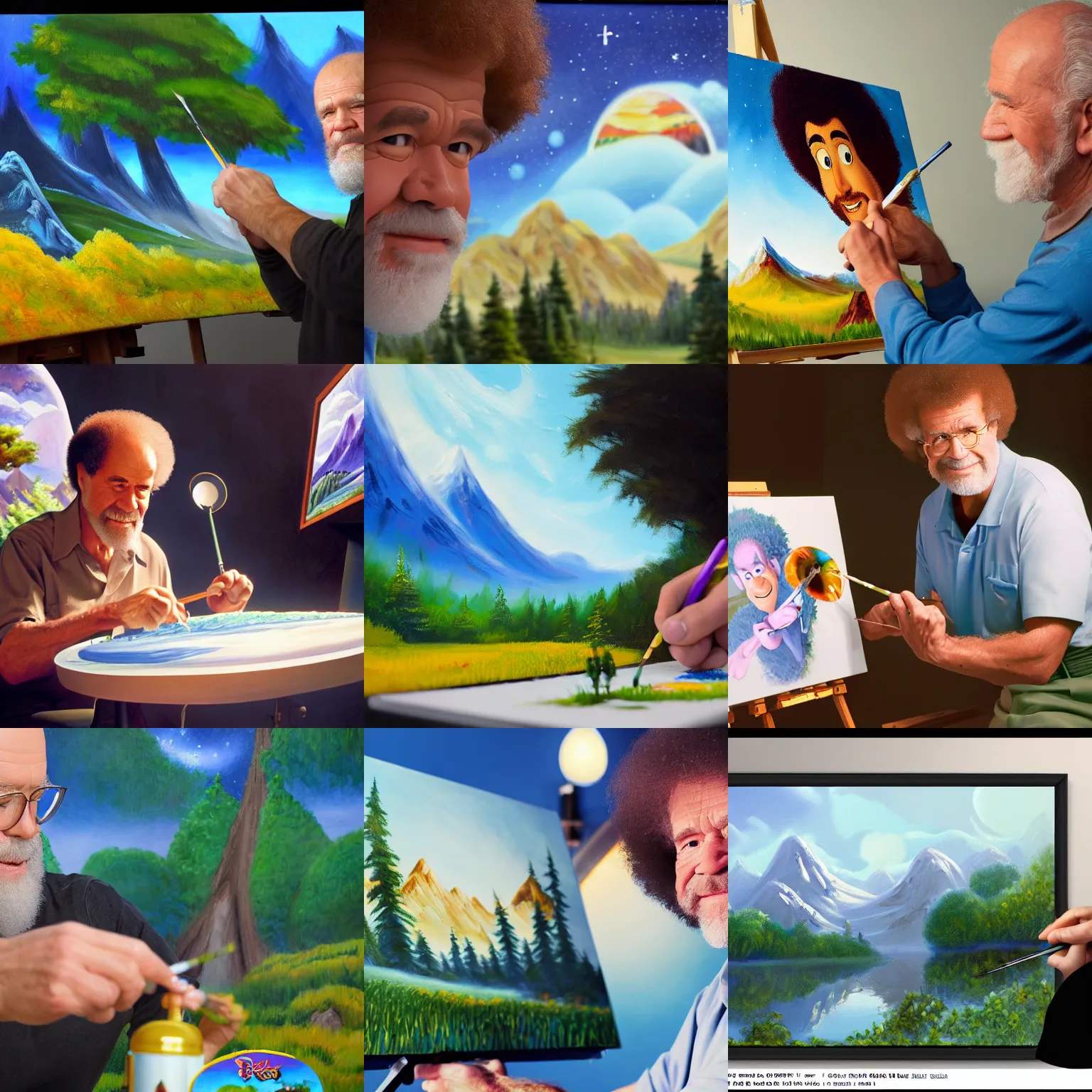 Prompt: a closeup photorealistic photograph of bob ross painting an image of buzz light year on a canvas. mountains and trees. film still. brightly lit scene. this 4 k hd image is trending on artstation, featured on behance, well - rendered, extra crisp, features intricate detail, epic composition and the style of unreal engine.