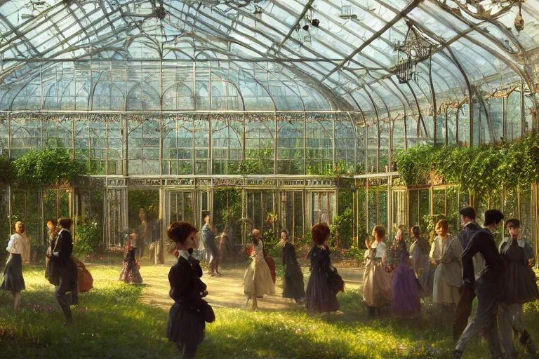 Image similar to an ornate victorian greenhouse, party in front, scene in an open field. 1 8 9 0, key visual, conceptart, ambient lighting, highly detailed, digital painting, artstation, concept art, sharp focus, by makoto shinkai and akihiko yoshida and greg manchess