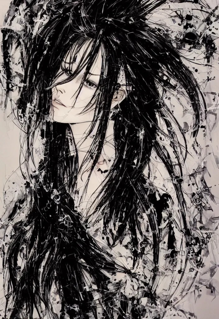 Image similar to a woman with flowing black hair, painting by greg ruthowski, yoshikata amano, yoji shinkawa, alphonse murac, collaborative artwork, beautifully drawn, heavily detailed