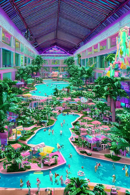 Image similar to photo of a vaporwave aesthetic indoor liminal 90s mall with a lazy river, long shot, cinematography by Wes Anderson, 4k octane render, intricate detail, photorealistic , cinematic lighting, Artstation,