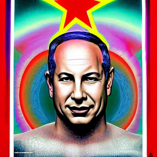 Image similar to a psychadelic portrait of binyamin netanyahu by alex grey, high deatil, cinestill poster