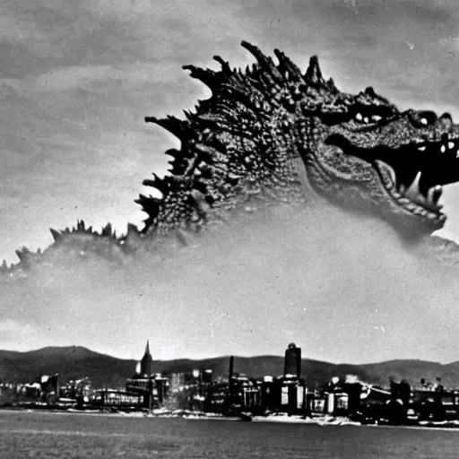 Prompt: godzilla attacking albany, old movie