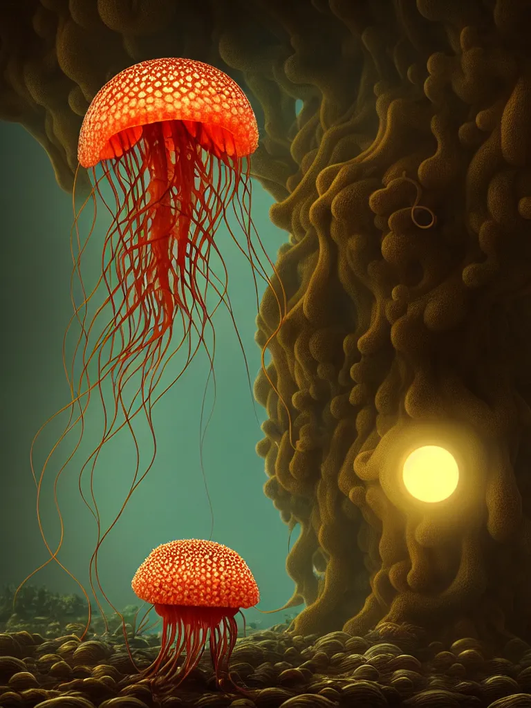 Image similar to creature octo jellyfish in a desert lush vegetation, warm tones, night, water reflection, bioluminescent translucent : : by michal karcz, daniel merriam, victo ngai and guillermo del toro : : ornate, dynamic, particulate, intricate, elegant, highly detailed, centered, artstation, smooth, sharp focus, octane render, 3 d